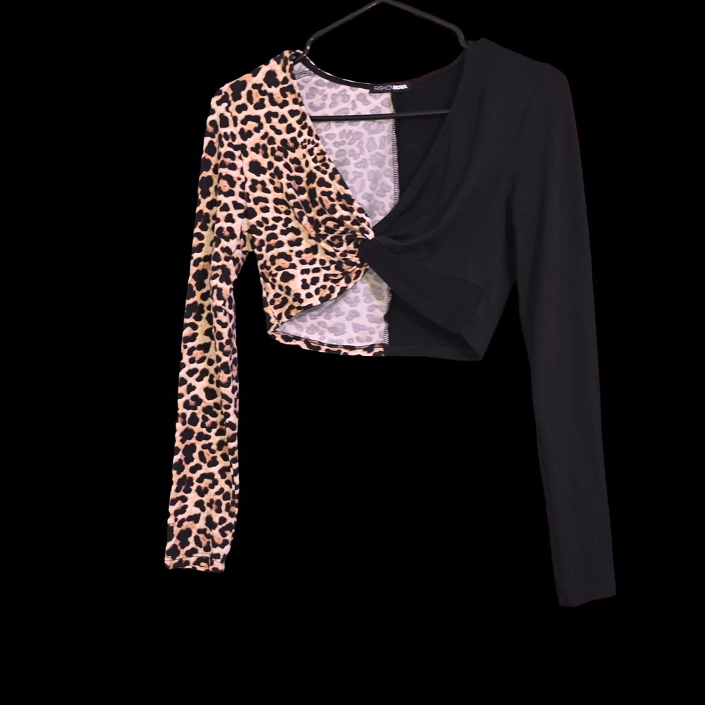 Fashion Nova Leopard Print and Black Wrap Top
